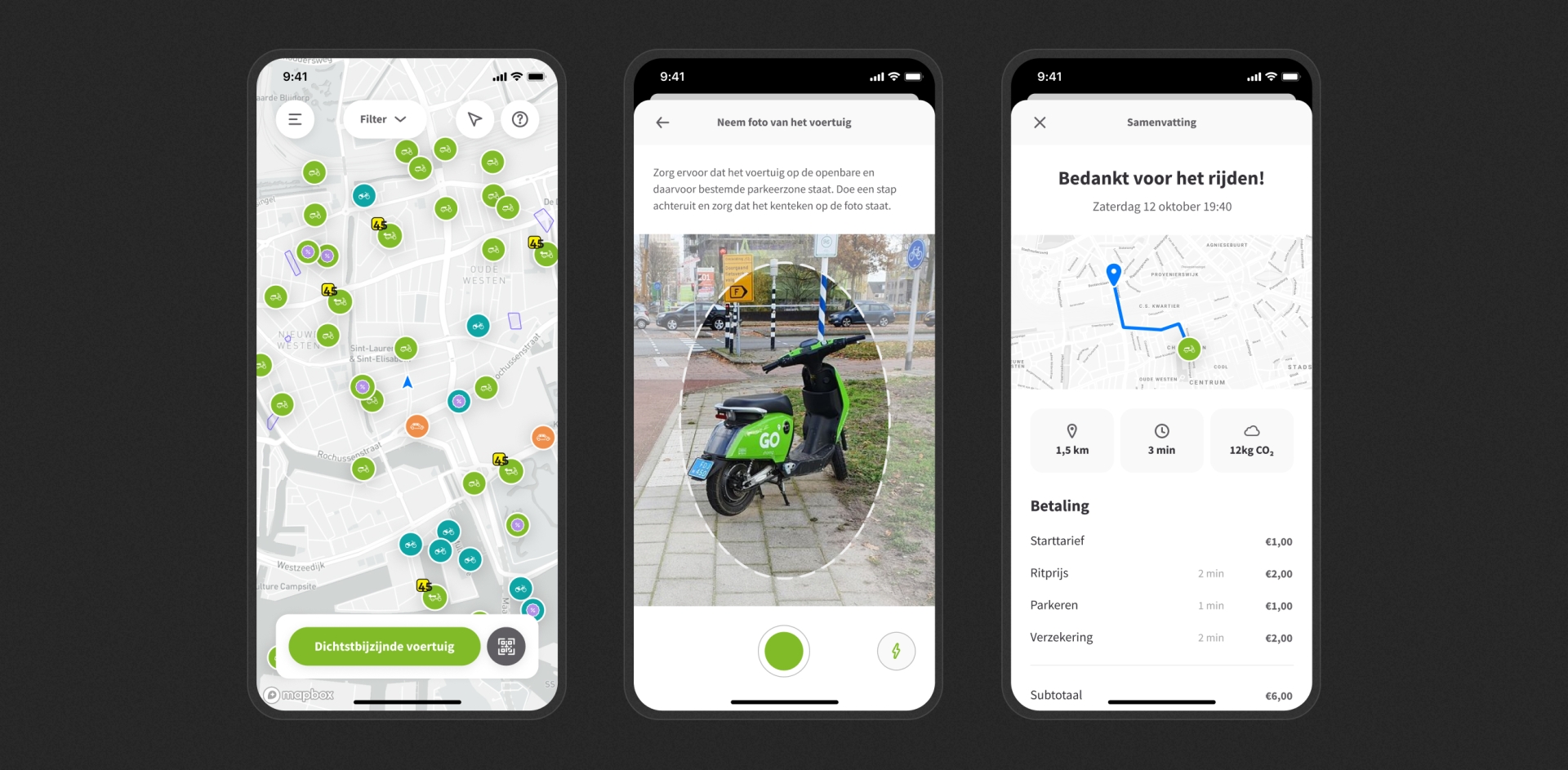 Three different screens of the GO Sharing app. The first one shows a map with the locations of all nearby vehicles. The second one shows the camera screen where you can take a picture of the vehicle. The instructions say to park the vehicle on the public road at the designated parking area and to have the licence plate in view. The third screen shows the screen after the ride is finished. It shows the route you have taken, the distance, the cost, the CO2 emmissions and more details.