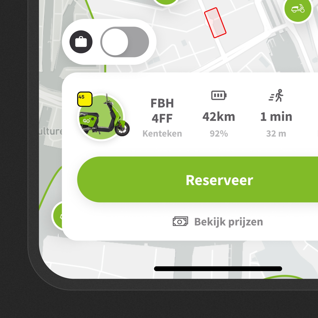 A screen of the GO Sharing app. It shows a map with the location of the selected scooter and the option to reserve it.