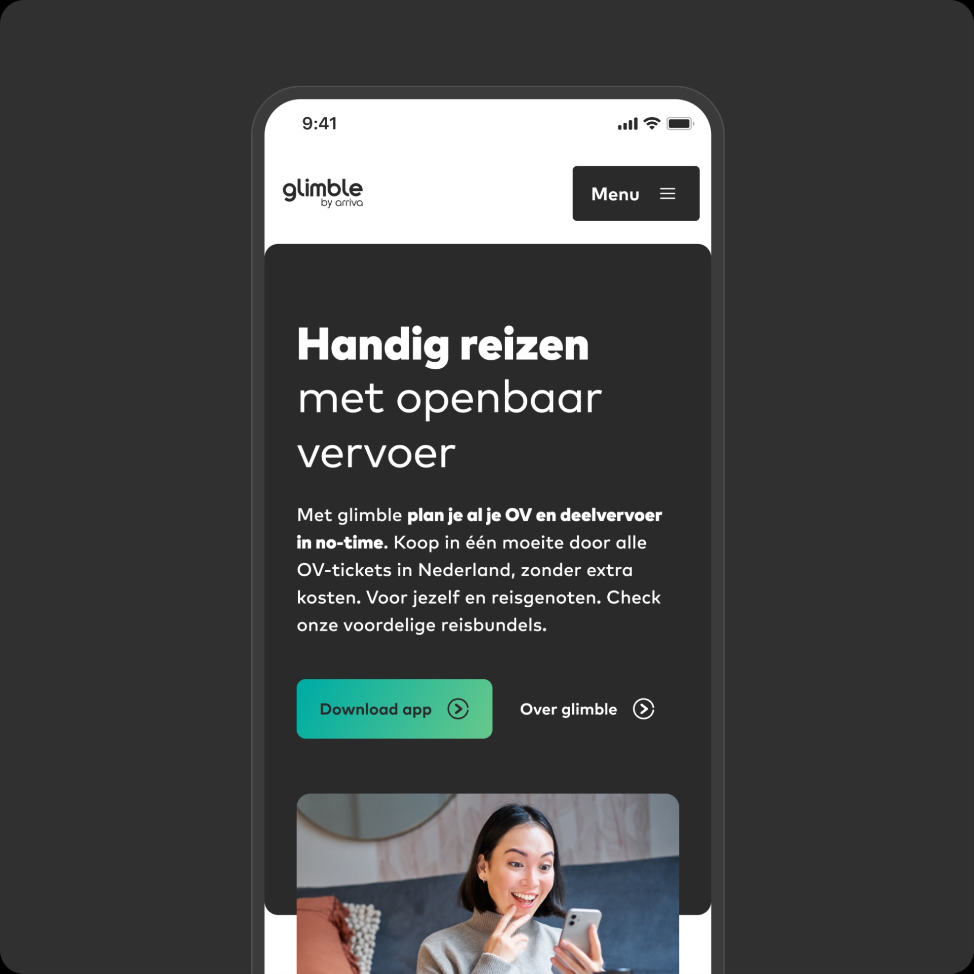 Mockup van de glimble website op mobiel