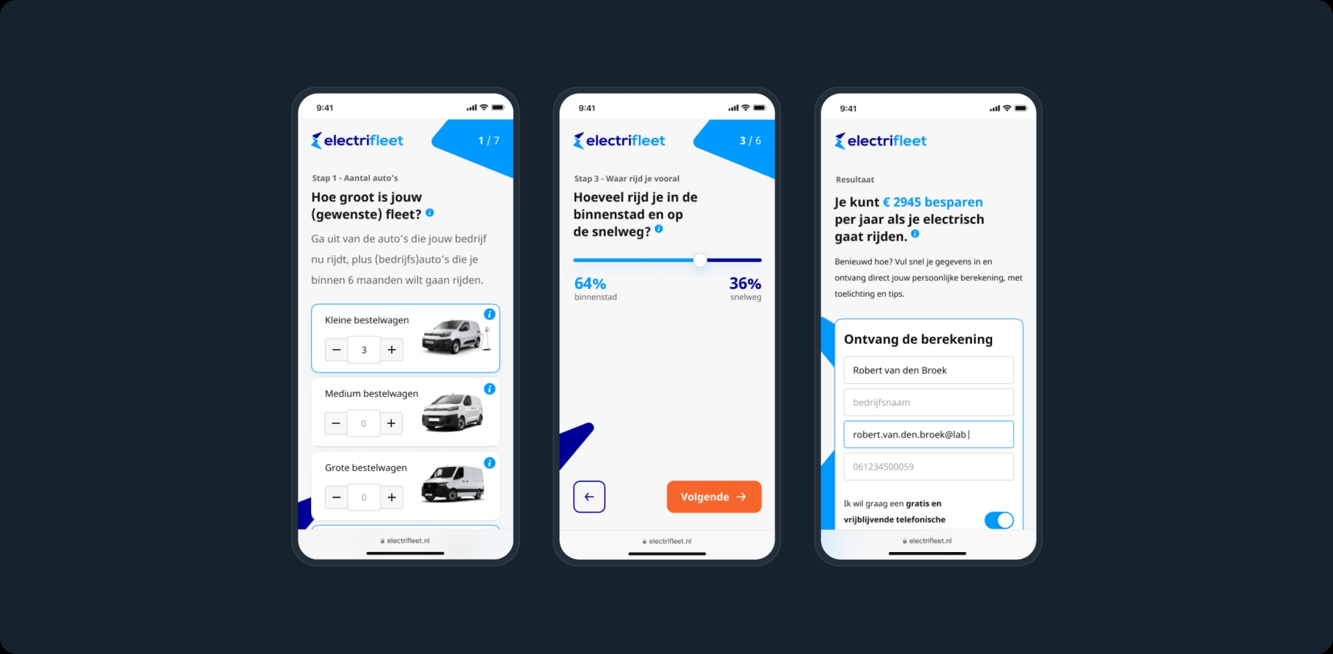 Overview of mockups showing the electrifleet website on three mobile phones