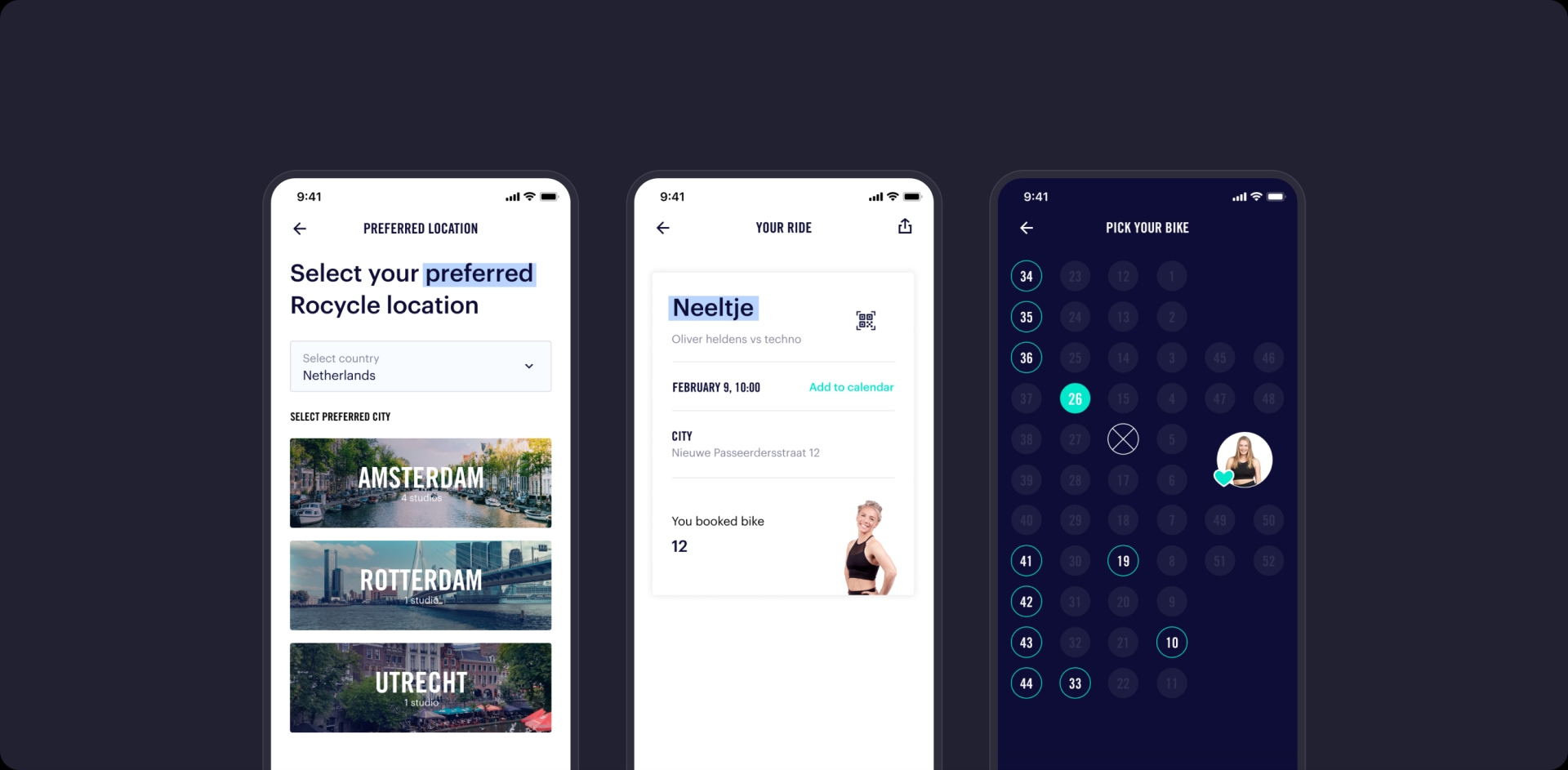 Overview of 3 mockups of the rocycle app